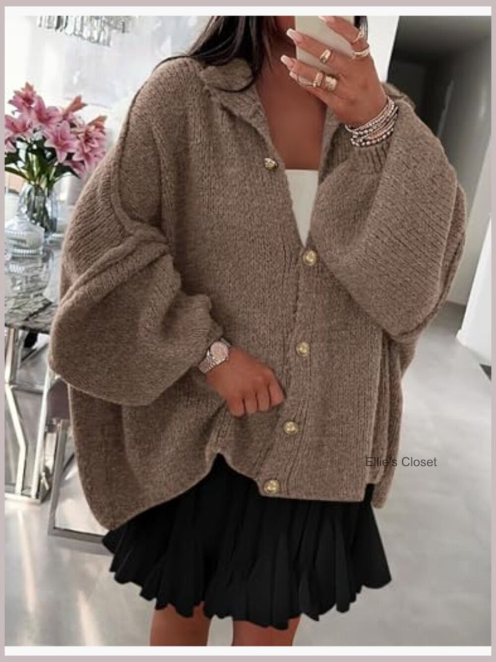 Women's Chunky Knit Mock Neck Lantern Sleeve Button Down Cardigan Jacket - Picture 3 of 7